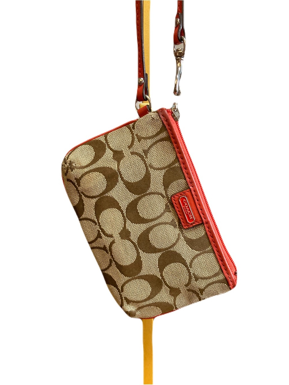 Coach Signature Park Jacquard Small Wristlet Wallet Khaki/Carnelian